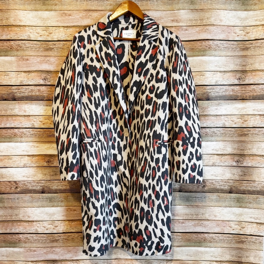 Sandro Women's Sailor Leopard Print Wool Long Button Front Coat Size Small